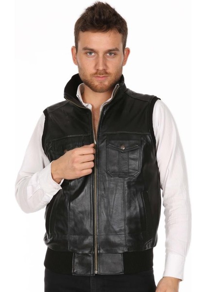 Deri Siyah Jack Beli Lastikli Erkek Deri Yelek modelleri
