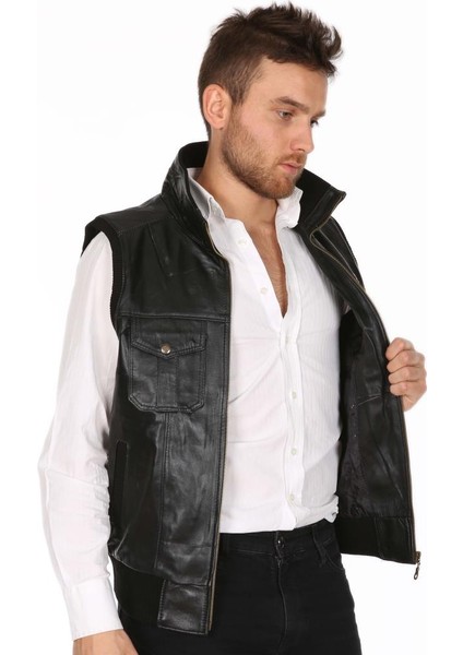 Deri Siyah Jack Beli Lastikli Erkek Deri Yelek fırsatları