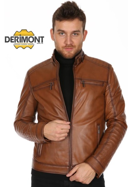 Deri Taba Erkek Deri Mont Dört Cepli Fermuarlı Deri Ceket
