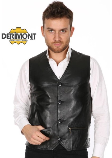 Deri Siyah Casual Düğmeli Erkek Deri Yelek