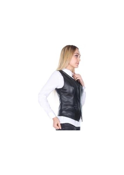 s Deri Siyah Spor Fermuarlı Kadın Deri Yelek modelleri