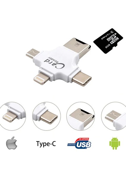 4 In 1 Ios Android Type-C Lightning Usb-A Micro Sd Tf Kart Okuyucu