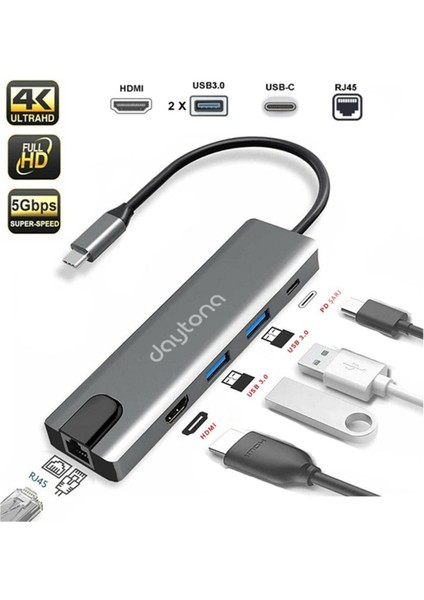 Daytona FC55 5ın1 Hub Type-C To 2-Usb 3.0 Hdmı Gigabit Ethernet RJ45 Pd Çevirici Hub