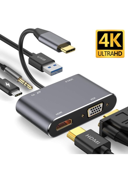Macbook Uyumlu Type-C To USB 3.0 1080P Hd 4K HDMI VGA Pd Aux Ses Girişli Çevirici Hub Adaptör