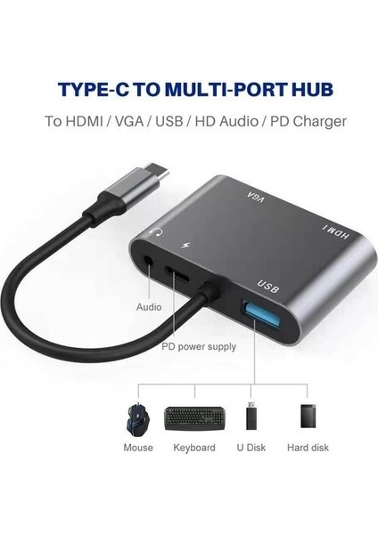 Macbook Uyumlu Type-C To USB 3.0 1080P Hd 4K HDMI VGA Pd Aux Ses Girişli Çevirici Hub Adaptör fiyatları
