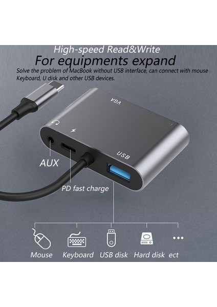 Macbook Uyumlu Type-C To USB 3.0 1080P Hd 4K HDMI VGA Pd Aux Ses Girişli Çevirici Hub Adaptör indirimleri