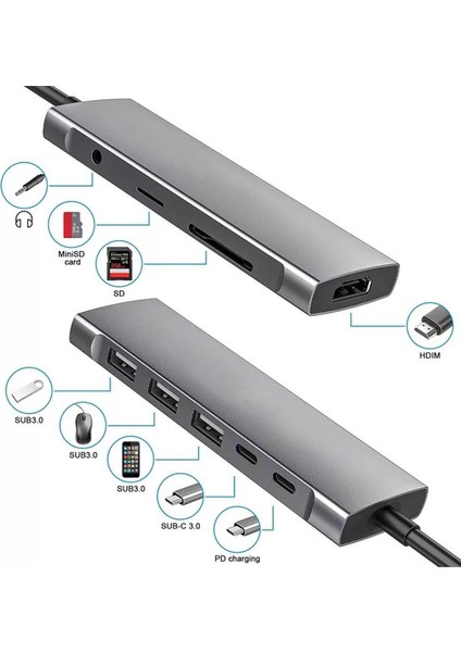 Type-C To 3* USB 3.0 4K Full Hd HDMI Pd Şarj Sd Tf Kart Okuyucu Aux Kulaklık Çevirici Adaptör modelleri