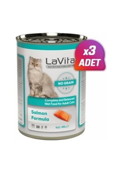3 Adet - Lavital Adult Tahılsız Somonlu Yetiskin Kedi Konservesi 400 gr