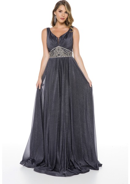 Füme Beli Taş Detaylı Göğüs Dekolteli Uzun Abiye Elbise