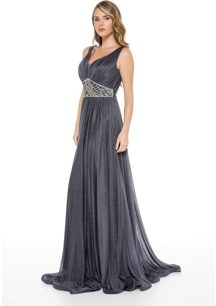 Füme Beli Taş Detaylı Göğüs Dekolteli Uzun Abiye Elbise fiyatları