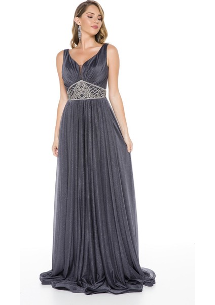 Füme Beli Taş Detaylı Göğüs Dekolteli Uzun Abiye Elbise modelleri