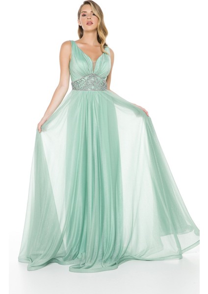 Mint Beli Taş Detaylı Göğüs Dekolteli Uzun Abiye Elbise