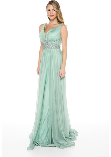Mint Beli Taş Detaylı Göğüs Dekolteli Uzun Abiye Elbise fiyatları