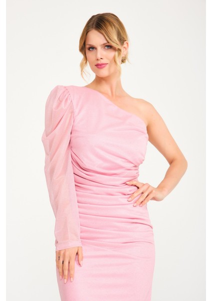 Pembe Tek Kollu Mini Simli Tül Elbise modelleri