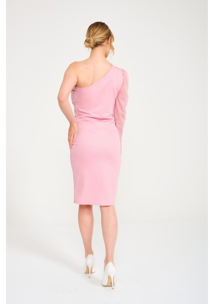 Pembe Tek Kollu Mini Simli Tül Elbise fırsatları