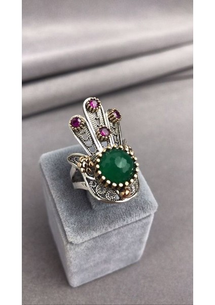 Telkari Zümrüt Taşlı Fatma Ana Eli Gümüş Kadın Yüzük modelleri