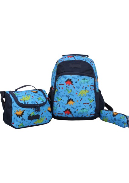 Kids Erkek Mavi Dinazor Model Kalemlikli Beslenmeli Set Sırt Çantası