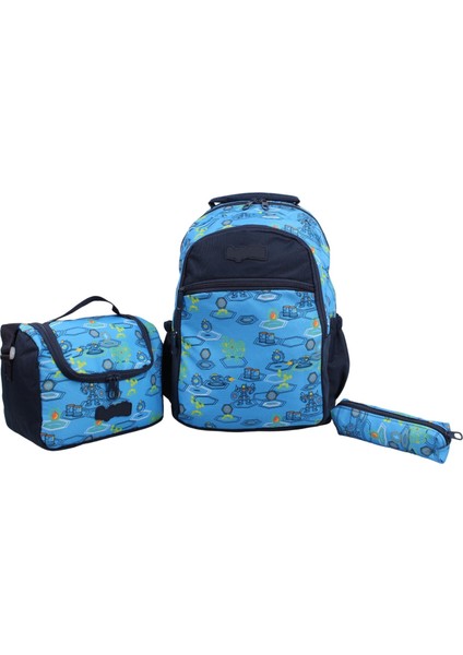 Kids Erkek Mavi Robot Model Kalemlikli Beslenmeli Set Sırt Çantası