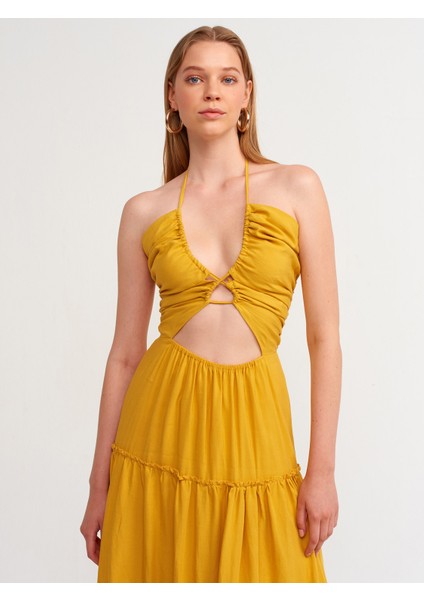 90359 Boyundan Bağlamalı Uzun Elbise-Hardal modelleri