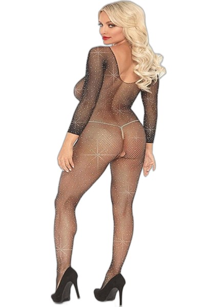 Taşlı Özel Üretim Siyah Renk Fantezi Vücut Çorabı