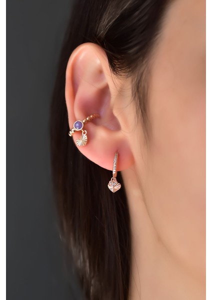 925 Ayar Gümüş Mor Ay Taşlı Kalp Figürlü Kıkırdak Küpe ve Zirkon Taşlı Kalp Halka Kombin Küpe