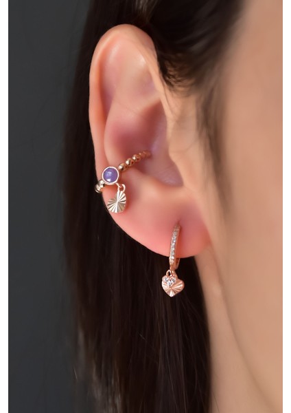 925 Ayar Gümüş Mor Ay Taşlı Kalp Figürlü Kıkırdak Küpe ve Zirkon Taşlı Kalp Halka Kombin Küpe fiyatları