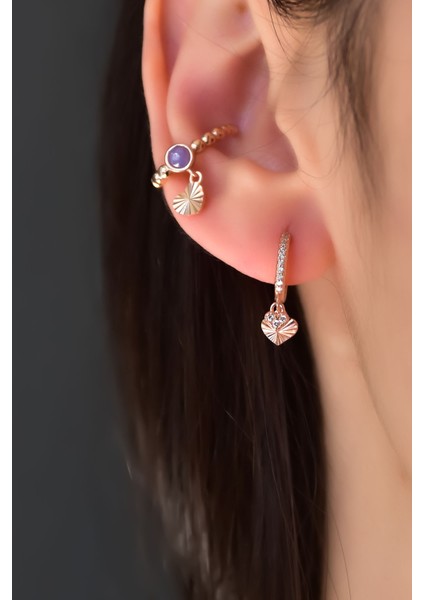 925 Ayar Gümüş Mor Ay Taşlı Kalp Figürlü Kıkırdak Küpe ve Zirkon Taşlı Kalp Halka Kombin Küpe modelleri