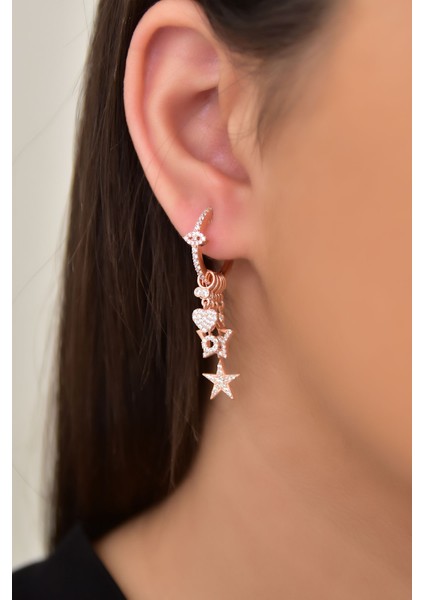 925 Ayar Gümüş Rose Kaplama Tekli Kalpli, Yıldız Şans Küpe