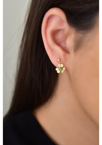 925 Ayar Gümüş Gold Kaplama Kalemli Zirkon Mavi Taşlı Frezya Çiçeği Küpe