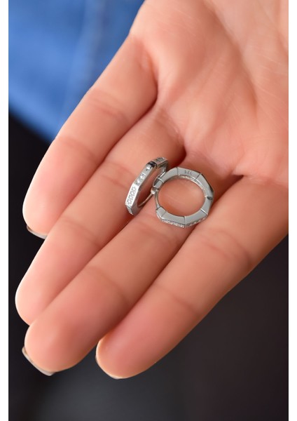 925 Ayar Gümüş Rodyum Kaplama Zirkon Taşlı Altıgen Halka Küpe