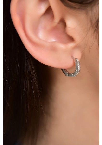 925 Ayar Gümüş Rodyum Kaplama Zirkon Taşlı Altıgen Halka Küpe fırsatları