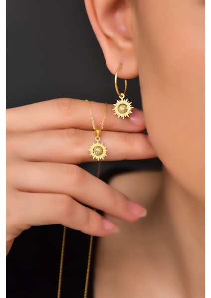 925 Ayar Gümüş Rodyum-Gold Kaplama Sim Toplu Kesim Güneş Kolye ve Küpe Set