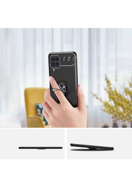 Samsung Galaxy M22 Kılıf Ultra Korumalı Yüzüklü Manyetik Ravel Silikon + Tam Kaplayan 5d Ekran Koruyucu