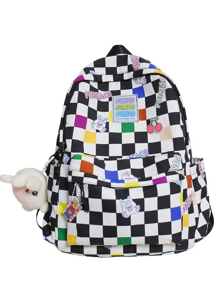 Ekose Desenli Okul Sırt Çantası - Siyah/beyaz (Yurt Dışından)