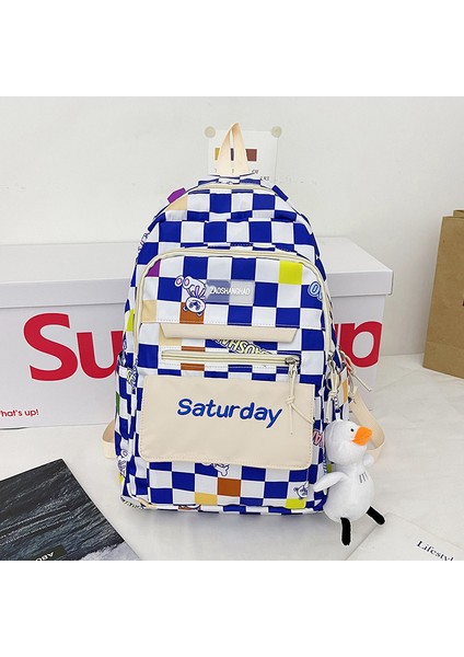 Sevimli Ayı Desenli Ekose Okul Sırt Çantası - Mavi (Yurt Dışından)