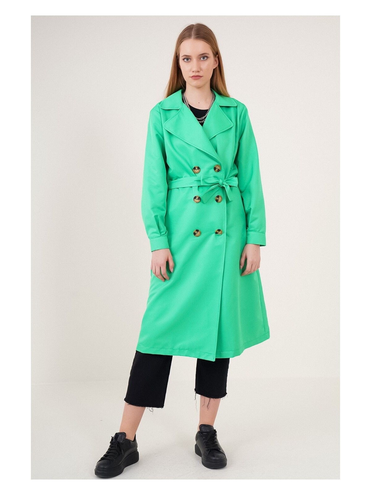 Hazelin Kadın Camel Kruvaze Yaka Kemerli Astarsız Mevsimlik Rahat Trençkot HZL22S-BD158531 - Görsel 3