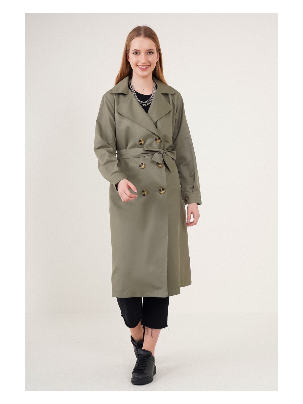 Hazelin Kadın Camel Kruvaze Yaka Kemerli Astarsız Mevsimlik Rahat Trençkot HZL22S-BD158531 - Görsel 4