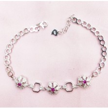 Oriental Pembe Taşlı Çiçekli Gümüş Bileklik