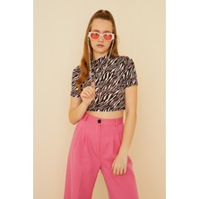 ME Dükkan Kadın Pembe Siyah Zebra Kısa Kol Crop  Bluz