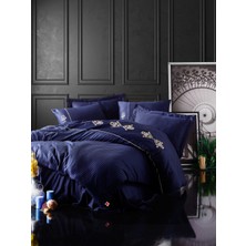 Cotton Box Brode Nakışlı Çift Kişilik Saten Nevresim Takımı King Lacivert