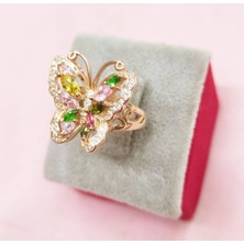 Renkli Baget Taşlı Gümüş Kelebek Yüzük