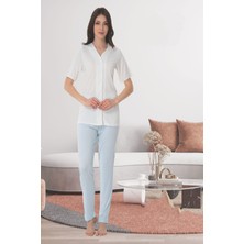 Effortt Mavi Önden Düğmeli Kısa Kol Kadın Pijama Takımı