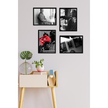 Takivis Siyah Beyaz Atatürk 4 Parça Çerçeve Görünümlü Set Tablo