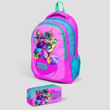 Coral High Pembe Simli Kedi Desenli Üç Bölmeli Okul  Çantası ve Iki Bölmeli Kalem Çantası 2'li Set