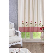 Ödel Buldan Buldan Keteni İşlemeli Perde-Naturel&Kırmızı