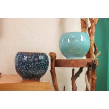 Bitki Tasarımı Ev Dekorasyon Lacivert Şekilli Ve Turkuaz Artistik Çift Sırlı İç Ve Dış Mekan Kullanımlı Toprak Terrakota Saksı Saksılık Salon Çiçeklik İkili Set