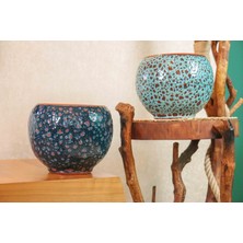 Bitki Tasarımı Ev Dekorasyon Lacivert Şekilli Ve Turkuaz Şekilli Artistik Çift Sırlı İç Ve Dış Mekan Kullanımlı Toprak Terrakota Saksı Saksılık Salon Çiçeklik İkili Set