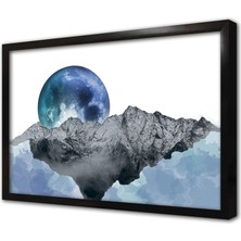Tablosan Mavi Ay ve Dağ Modern Manzara Çerçeveli Mdf Tablo