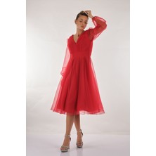 Dori V Yaka Uzun Kollu Kırmızı Kadın Elbise 221KB3037