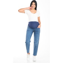 Busa Kadın Hamile Mom Fit Kot Pantolon Mavi Esnek Karın Bantlı Arka Kemerli Günlük Stil
